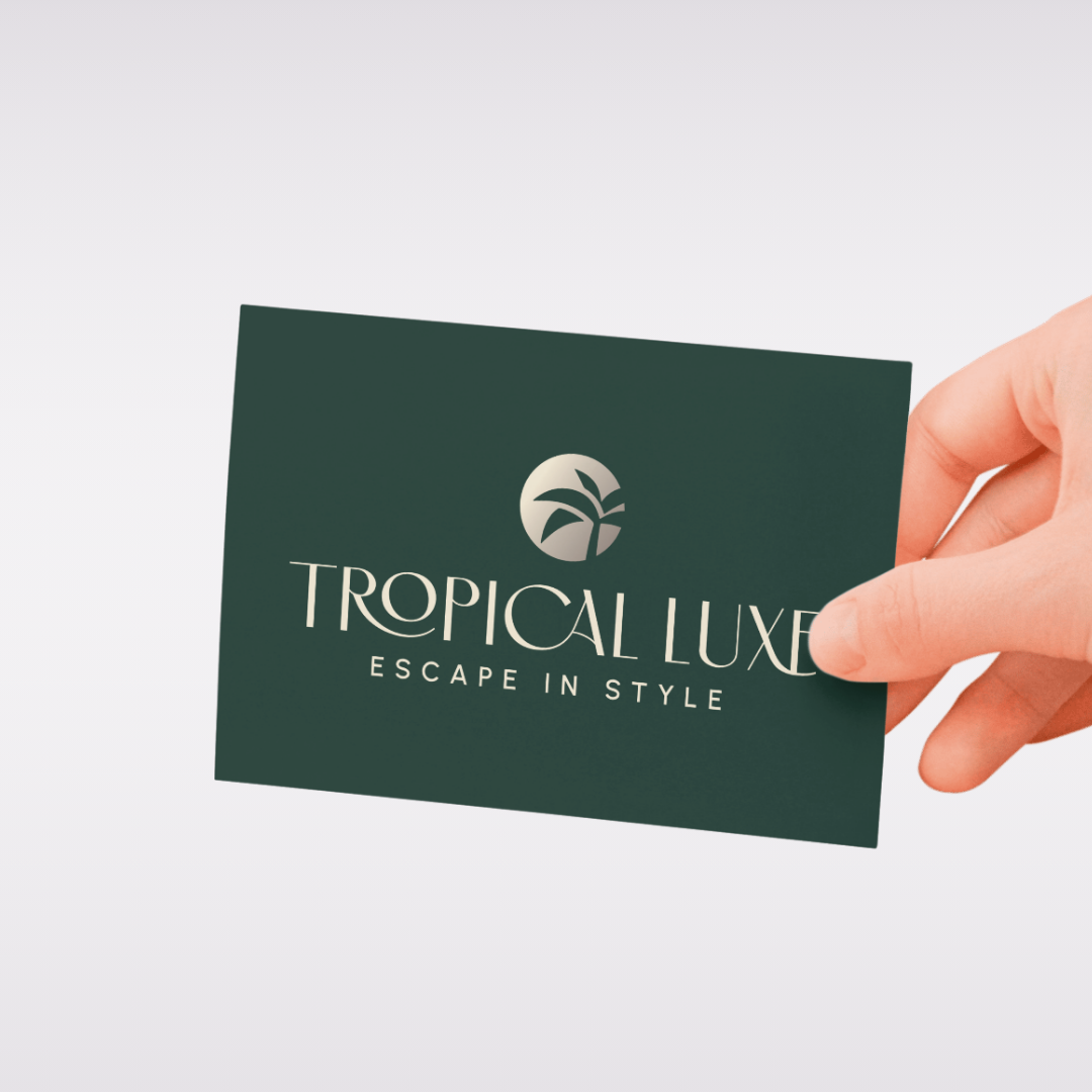 Tropical Luxe business card — hand mockup